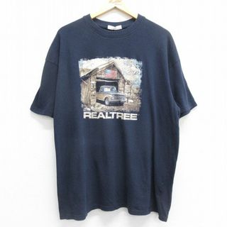 XL★古着 半袖 Tシャツ メンズ 車 REALTREE 大きいサイズ クルーネック 紺 ネイビー 24may21 中古(Tシャツ/カットソー(半袖/袖なし))