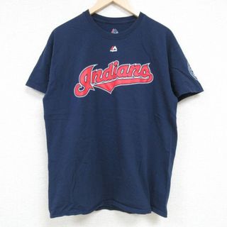 マジェスティック(Majestic)のL★古着 マジェスティック 半袖 Tシャツ メンズ MLB クリーブランドインディアンズ ジムトーミ 25 クルーネック 濃紺 ネイビー メジャーリーグ ベースボール 野球 24may21 中古(Tシャツ/カットソー(半袖/袖なし))