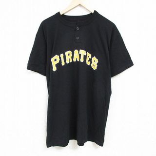 マジェスティック(Majestic)のXL★古着 マジェスティック 半袖 Tシャツ メンズ MLB ピッツバーグパイレーツ 大きいサイズ ヘンリーネック 黒 ブラック メジャーリーグ ベースボール 野球 24may21 中古(Tシャツ/カットソー(半袖/袖なし))