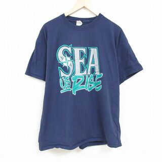 XL★古着 半袖 Tシャツ メンズ SEA 大きいサイズ コットン クルーネック 紺 ネイビー 24may21 中古(Tシャツ/カットソー(半袖/袖なし))