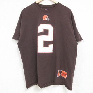 マジェスティック(Majestic)のXL★古着 マジェスティック 半袖 Tシャツ メンズ NFL クリーブランドブラウンズ ジョニーマンジール 2 コットン クルーネック 茶 ブラウン アメフト スーパーボウル 24may21 中古(Tシャツ/カットソー(半袖/袖なし))