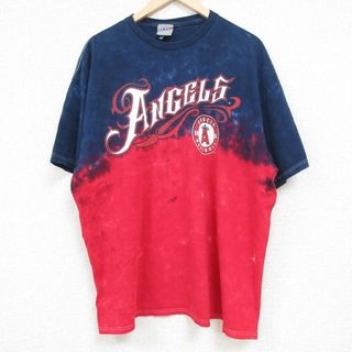 XL★古着 半袖 Tシャツ メンズ MLB ロサンゼルスエンゼルス 大きいサイズ コットン クルーネック 濃紺他 ネイビー タイダイ メジャーリーグ ベースボール 野球 24may21 中古(Tシャツ/カットソー(半袖/袖なし))