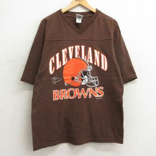 L★古着 半袖 ビンテージ フットボール Tシャツ メンズ 90年代 90s NFL クリーブランドブラウンズ ティムカウチ 2 コットン Vネック 茶 ブラウン アメフト スーパーボウル 24may21 中古(Tシャツ/カットソー(半袖/袖なし))