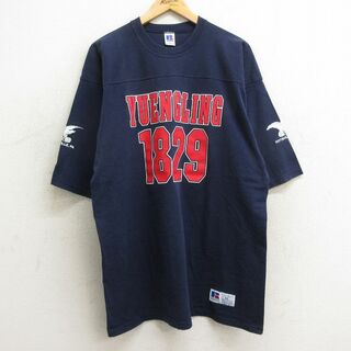 XL★古着 ラッセル 半袖 ビンテージ フットボール Tシャツ メンズ 90年代 90s イングリング ビール 1829 ロング丈 コットン クルーネック USA製 紺 ネイビー 24may21 中古(Tシャツ/カットソー(半袖/袖なし))