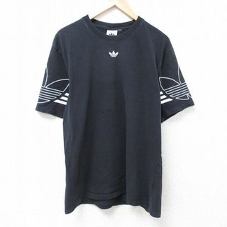 アディダス(adidas)のXL★古着 アディダス adidas 半袖 ブランド Tシャツ メンズ ワンポイントロゴ リーフ トレフォイル クルーネック 黒 ブラック 24may21 中古(Tシャツ/カットソー(半袖/袖なし))