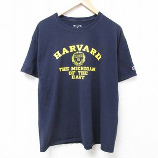 チャンピオン(Champion)のXL★古着 チャンピオン Champion 半袖 ブランド Tシャツ メンズ ハーバード 大きいサイズ コットン クルーネック 紺 ネイビー 24may21 中古(Tシャツ/カットソー(半袖/袖なし))