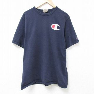 チャンピオン(Champion)のXL★古着 チャンピオン Champion 半袖 ブランド Tシャツ メンズ ワンポイントロゴ 大きいサイズ コットン クルーネック 紺 ネイビー 24may21 中古(Tシャツ/カットソー(半袖/袖なし))