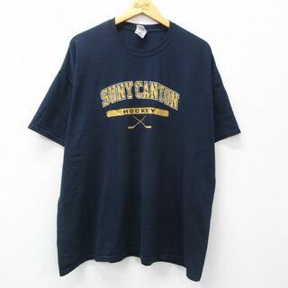 XL★古着 半袖 ビンテージ Tシャツ メンズ 00年代 00s SUNY カントン ホッケー 大きいサイズ クルーネック 濃紺 ネイビー 24may21 中古(Tシャツ/カットソー(半袖/袖なし))