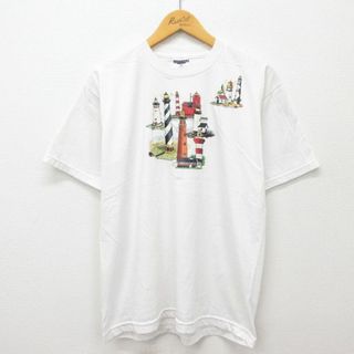 L★古着 ジャージーズ 半袖 ビンテージ Tシャツ メンズ 00年代 00s 灯台 ラインストーン ラメ クルーネック 白 ホワイト 24may21 中古(Tシャツ/カットソー(半袖/袖なし))