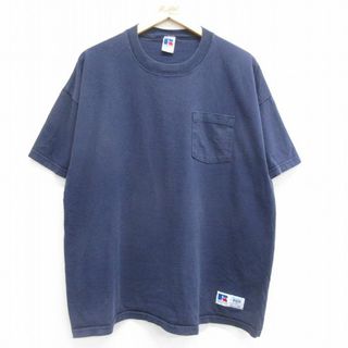 XL★古着 ラッセル 半袖 ビンテージ Tシャツ メンズ 90年代 90s 無地 胸ポケット付き 大きいサイズ コットン クルーネック USA製 紺 ネイビー 【spe】 24may21 中古(Tシャツ/カットソー(半袖/袖なし))