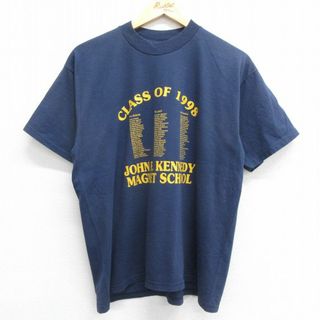 フルーツオブザルーム(FRUIT OF THE LOOM)のL★古着 フルーツオブザルーム 半袖 ビンテージ Tシャツ メンズ 90年代 90s ジョンFケネディ スクール クルーネック 紺 ネイビー 24may21 中古(Tシャツ/カットソー(半袖/袖なし))