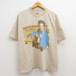 XL★古着 半袖 ビンテージ ロック バンド Tシャツ メンズ 90年代 90s エルビスプレスリー エルヴィスプレスリー コットン クルーネック ベージュ カーキ 24may21 中古(Tシャツ/カットソー(半袖/袖なし))