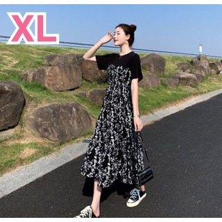 【フォロー割あり】小花柄 ワンピース XL 半袖 ロング 上品 ファッション(ロングワンピース/マキシワンピース)