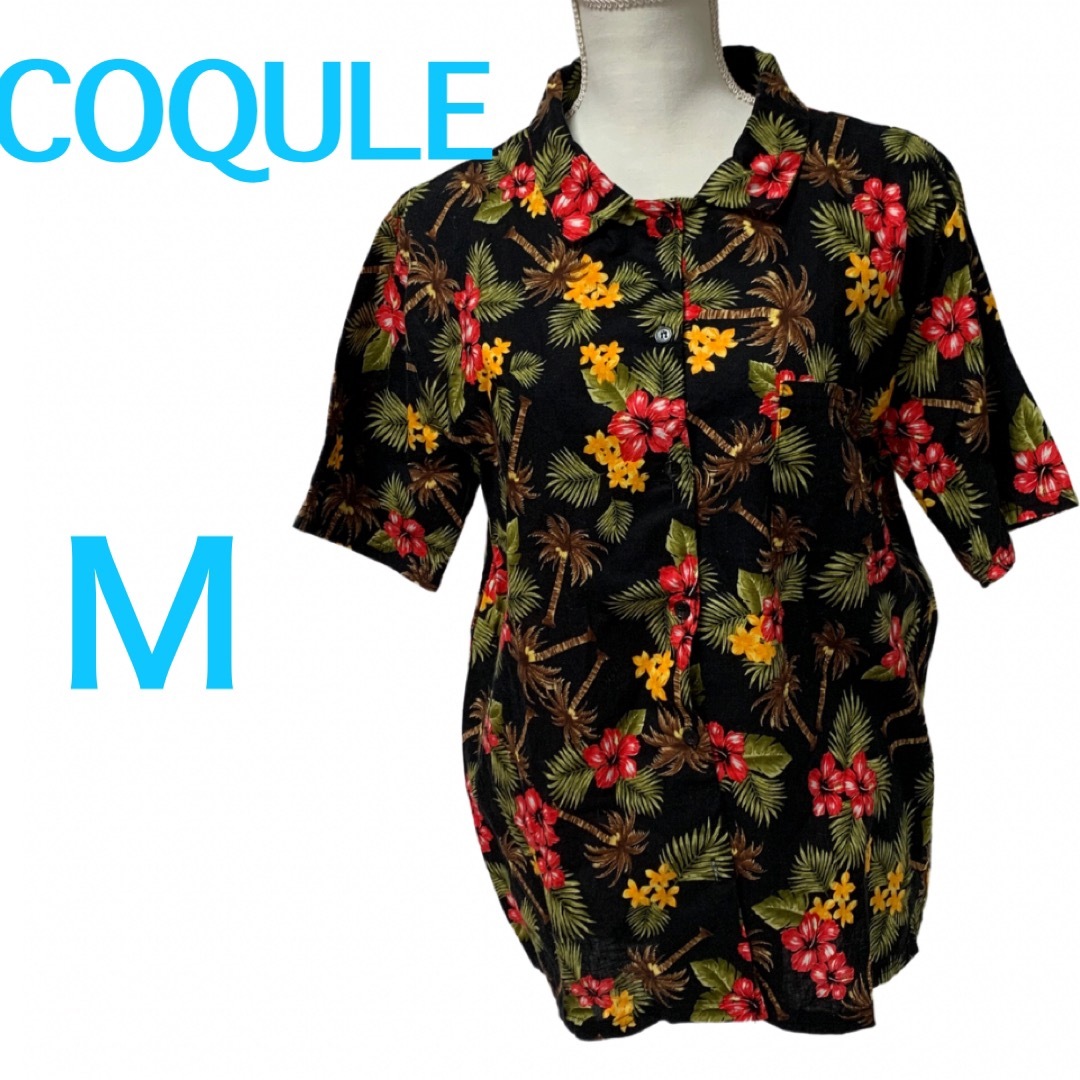 【美品】COQULE☆アロハシャツ風シャツブラウス☆ハイビスカス☆M レディースのトップス(シャツ/ブラウス(半袖/袖なし))の商品写真