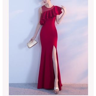 【新作入荷】ロングドレス タイトスカート 赤 Lサイズ アシメデザイン レース(ロングドレス)