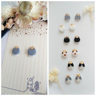 King×cat 王冠 灰猫 グレー猫 パール ピアス イヤリング(ピアス)