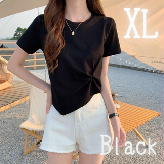 【新品】XLサイズ トップス Tシャツ アシンメトリー 半袖 韓 国 ブラック(Tシャツ(半袖/袖なし))