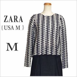 ザラ(ZARA)の［ZARA］紺アイボリー透かし総柄トップス バックオープン ザラ USA M(シャツ/ブラウス(長袖/七分))