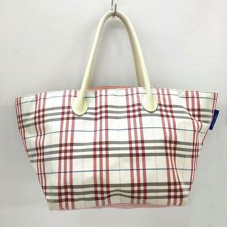 バーバリーブルーレーベル(BURBERRY BLUE LABEL)のBurberry Blue Label(バーバリーブルーレーベル) ハンドバッグ - アイボリー×レッド×マルチ チェック柄 ナイロンジャガード×レザー(ハンドバッグ)