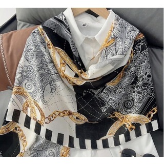 【残り1点】スカーフ　白×黒　女性　リネン　新品　スカーフ　新品　チェーン柄(バンダナ/スカーフ)