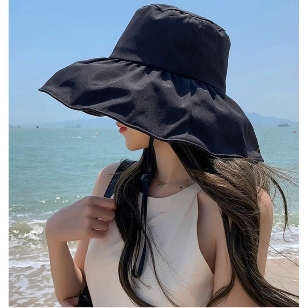 つば広帽子 ブラック 遮光 UV 紫外線対策 大きいサイズ春夏 顎紐 レディースの帽子(ハット)の商品写真