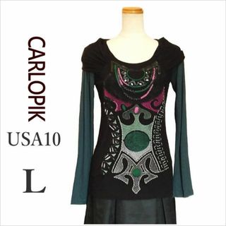 ［CARLOPIK］黒緑刺繍カットソー トップス イタリア製 サンパリエ L位(カットソー(長袖/七分))