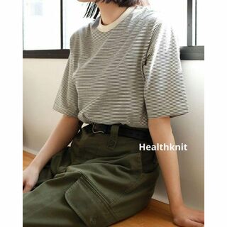 Healthknit - 【人気】ヘルスニット ナローボーダー　クルーネック半袖Tシャツ 黒 M
