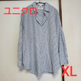 ユニクロ(UNIQLO)のユニクロ グレー ストライプ スキッパー シャツ ブラウス サイズXL(シャツ/ブラウス(長袖/七分))