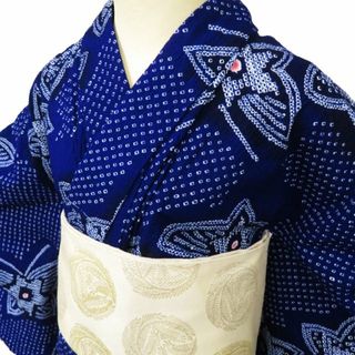 夏物 浴衣 着物 中古 木綿 カジュアル 絞り染め 蝶模様 紺藍色 多色 身丈156cm 裄65cm M きもの北條 A1022-16(浴衣)