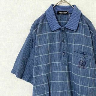 ナチュラルヴィンテージ(natuRAL vintage)のポロシャツ 半袖 刺繍 チェック 襟元切り替え リネン M ヴィンテージ(ポロシャツ)