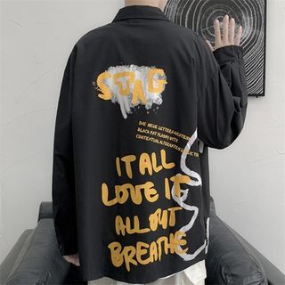 【新品】長袖　柄シャツ　オーバーサイズ　ブラック　2XL　メンズ　原宿(シャツ)