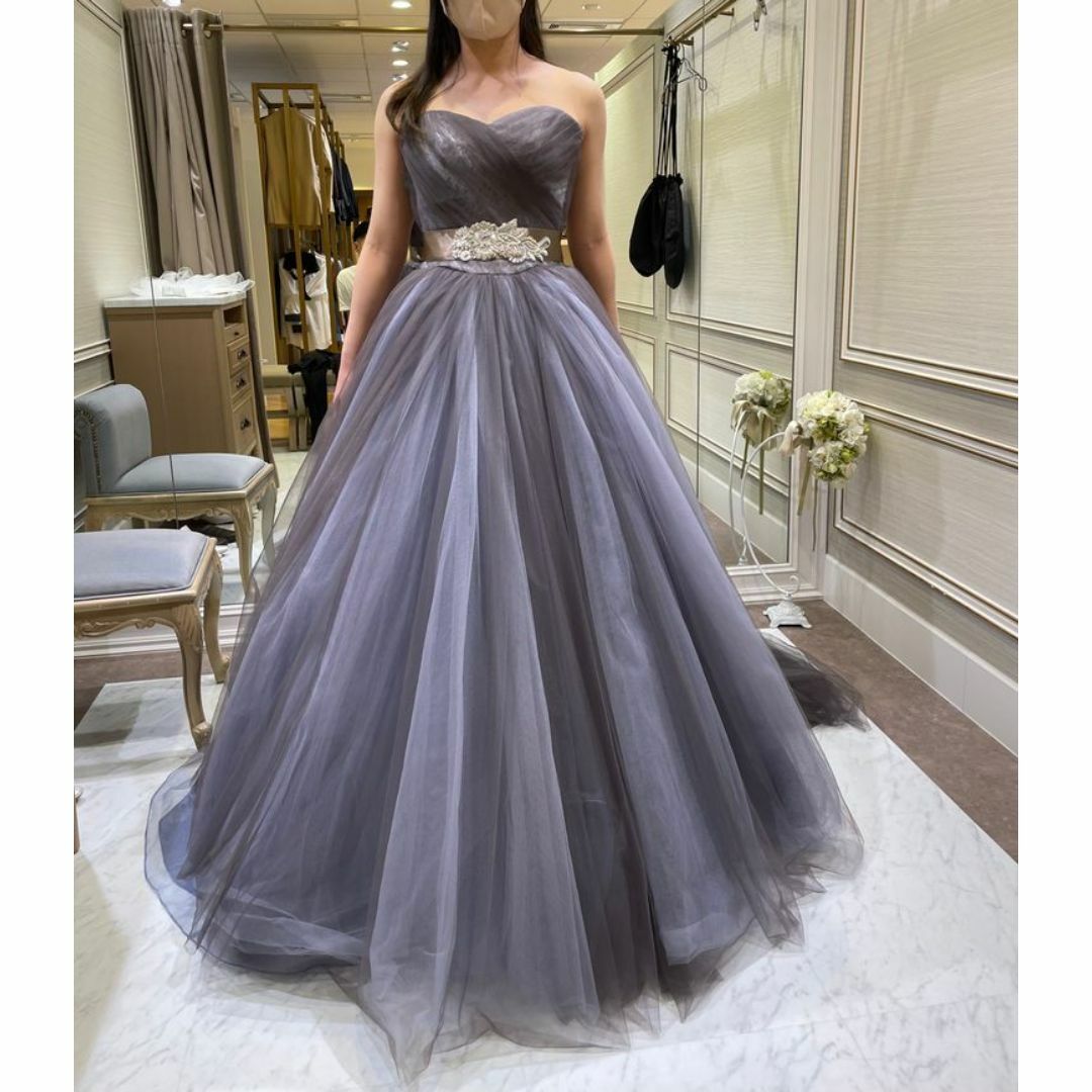 カラードレス ブルーグレー ベアトップ チュールスカート 披露宴 レディースのフォーマル/ドレス(ウェディングドレス)の商品写真