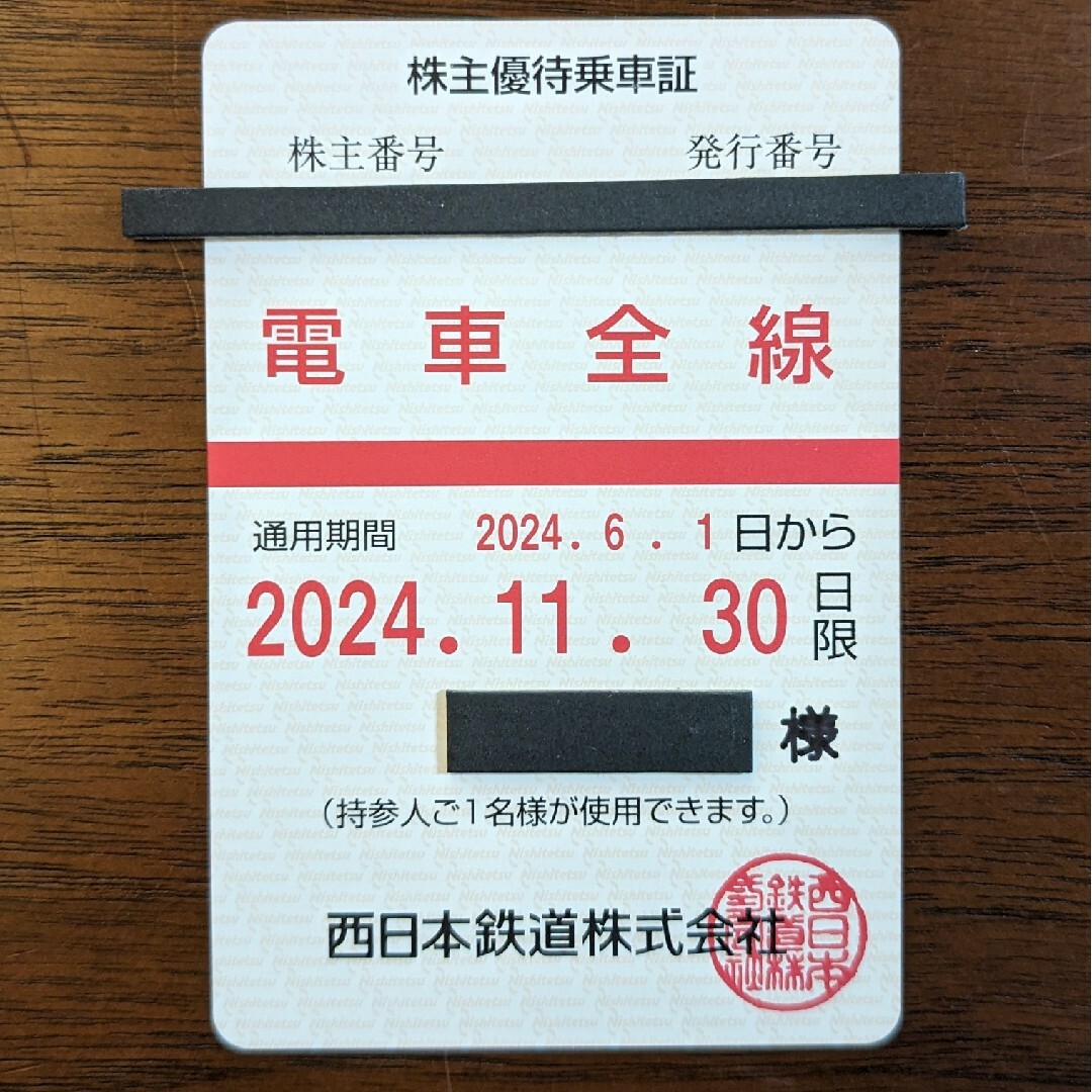 西鉄　西日本鉄道  株主優待乗車証 （定期） 電車全線 チケットの優待券/割引券(その他)の商品写真