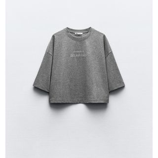 ザラ(ZARA)のZARA グリッターテキストクロップドTシャツ　Ｍサイズ(Tシャツ/カットソー(半袖/袖なし))