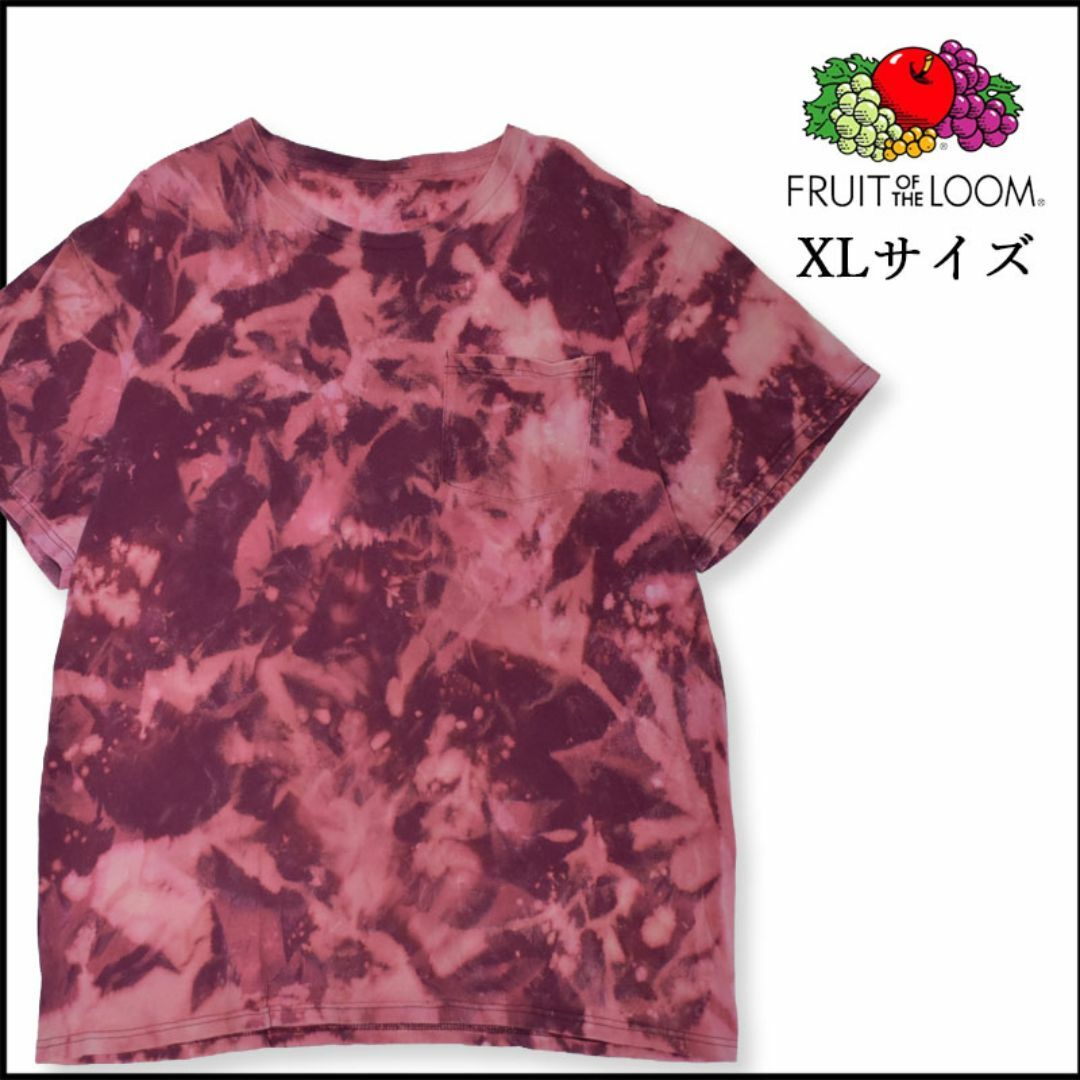 FRUIT OF THE LOOM(フルーツオブザルーム)のメンズブリーチ染め半袖TシャツXL 古着屋　赤ピンク　薄手　ポケット　ゆったり メンズのトップス(Tシャツ/カットソー(半袖/袖なし))の商品写真