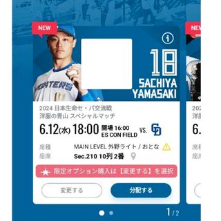 北海道日本ハムファイターズ - 値下げ♪♪6/12 ファイターズ VS中日ドラゴンズ　並び席2枚♪♪