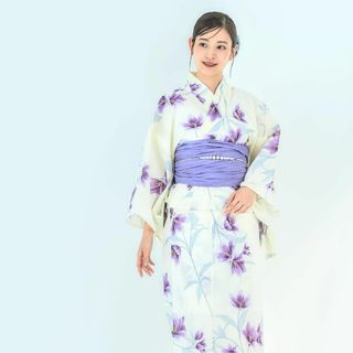 【2点セット】浴衣 兵児帯付き レディース 白 紫 ラベンダー wy1(浴衣)