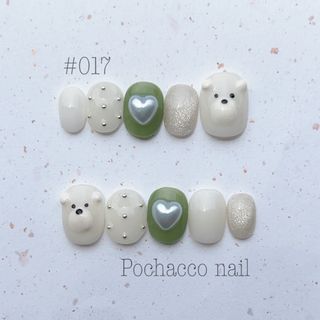 【№017】ネイルチップ ハンドメイド ハート くま ホワイト かわいい(つけ爪/ネイルチップ)