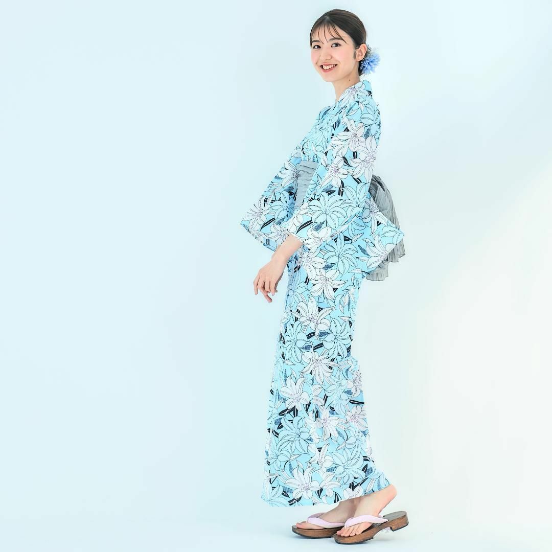 逆輸入 2点セット】浴衣 兵児帯付き レディース 青 水色 百合 wy2の通販 着物・浴衣