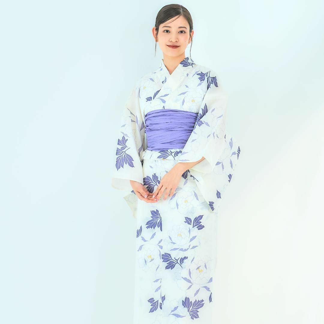 【2点セット】浴衣 兵児帯付き レディース 白 紫 ラベンダー wy4