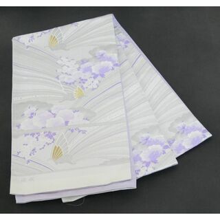 【Q0886】Ｓ未仕立て正絹袋帯　白、薄紫色地に花、蝶模様(帯)