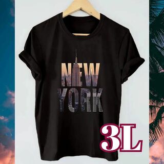 3Lサイズ Tシャツ カットソー プリント ロゴ 半袖 黒 綿100 風景 海外