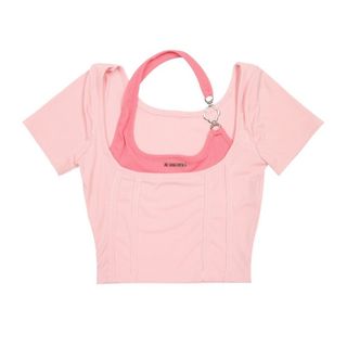 トップス　ショート丈　レディース　胸元ザックリ　半袖　キャミソール　新作　夏(Tシャツ(半袖/袖なし))