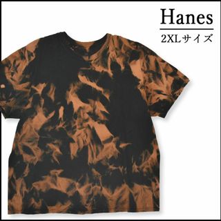 ヘインズ(Hanes)のメンズブリーチ染め半袖Tシャツ2XL 古着屋　ブランド 　大きめ　黒　薄手　柄物(Tシャツ/カットソー(半袖/袖なし))