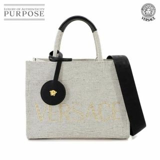 ヴェルサーチ(VERSACE)の未使用 展示品 ヴェルサーチェ VERSACE ロゴ ラインストーン スモール 2way トート ショルダー バッグ キャンバス レザー グレー VLP 90233939(トートバッグ)