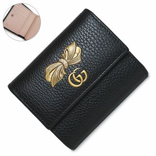 グッチ(Gucci)のグッチ GGマーモント ボウ リボン 三つ折り財布 レザー バイカラー ブラック ピンク 黒 アンティークゴールド金具 524294 箱付 GUCCI（新品・未使用品）(財布)