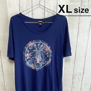 USA古着　Tシャツ　XL　ネイビー　ブルー　プリント　ボタニカル　クルーネック(Tシャツ/カットソー(半袖/袖なし))