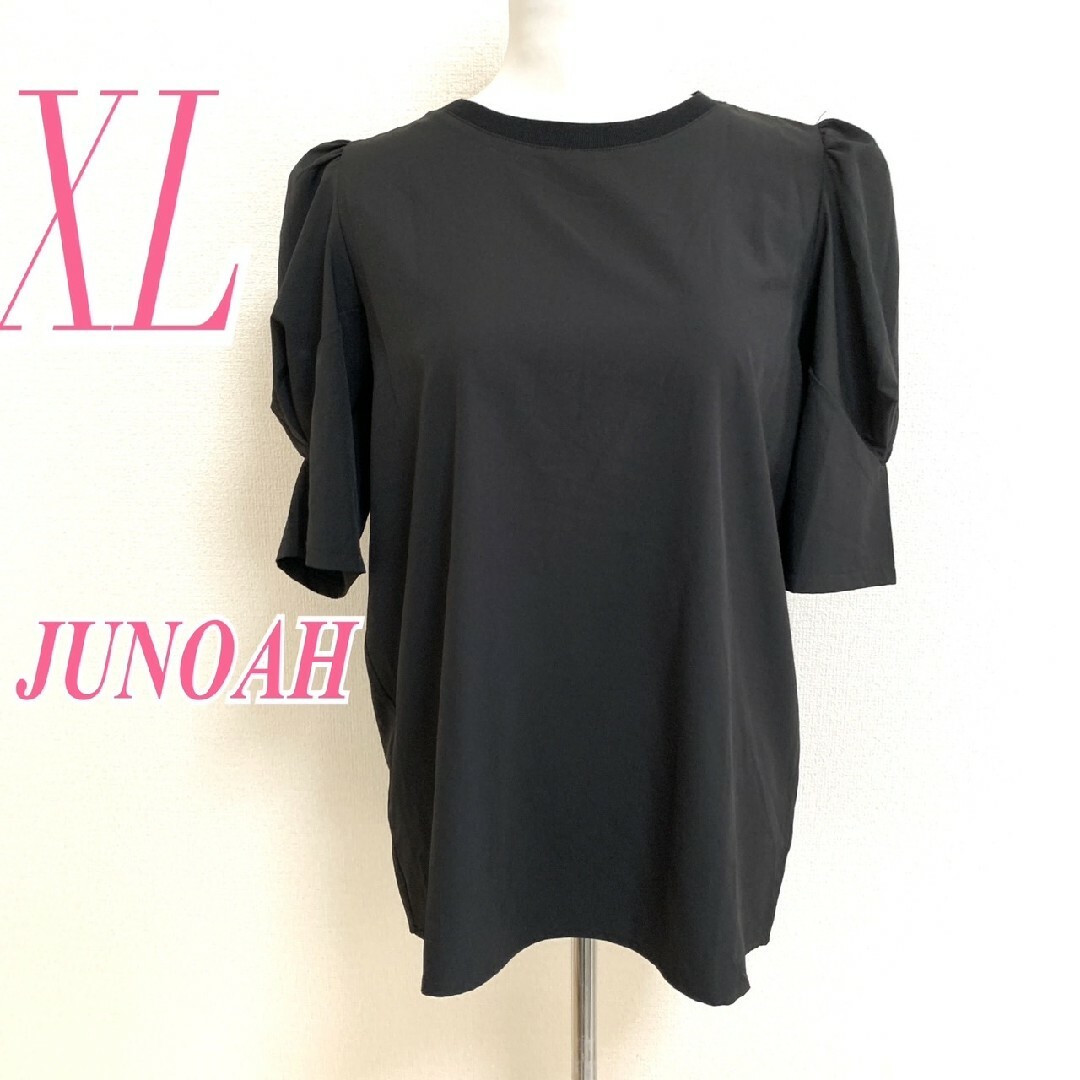 JUNOAH(ジュノア)のジュノア　ブラウス　XL　ブラック　パワーショルダー　きれいめ　ポリ100% レディースのトップス(シャツ/ブラウス(半袖/袖なし))の商品写真