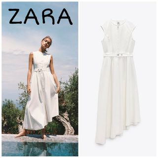 ザラ(ZARA)のZARA　アシンメトリー丈ワンピース　Lサイズ　ホワイト(ロングワンピース/マキシワンピース)