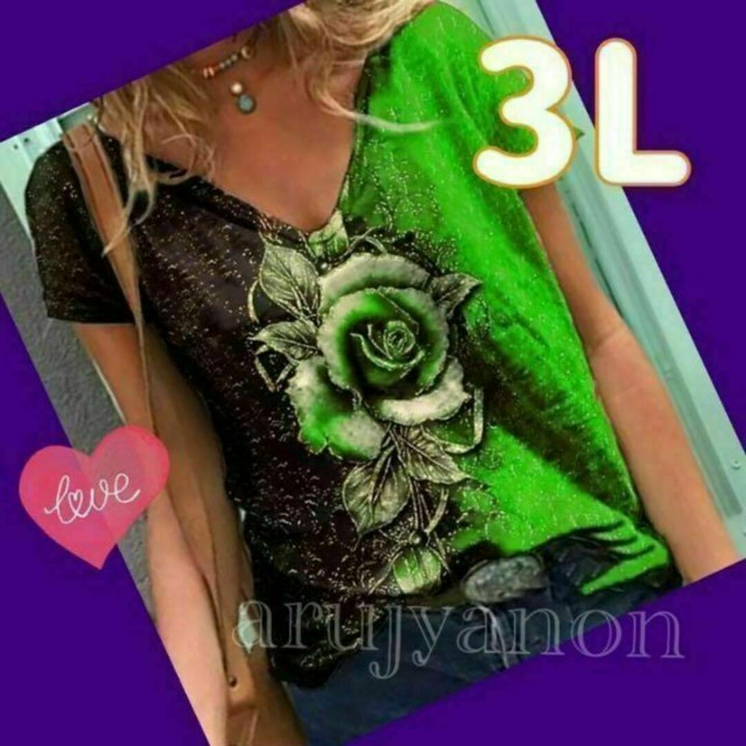 h大きいサイズ 緑 ブラウス  チュニック  3L トップス 花柄 レディースq レディースのトップス(Tシャツ(半袖/袖なし))の商品写真